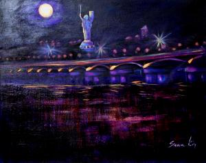 Evening Kiev, Paton Bridge painting